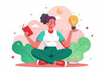 Woman meditating with a book and a bright idea lightbulb