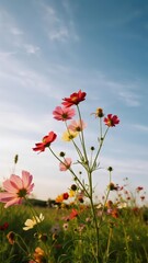 Naklejka premium Colorful Cosmos Flowers Swaying in a Sunny Field Against a Blue Sky