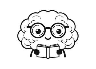 Cute cartoon brain character wearing glasses and reading a book