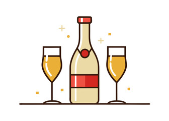 Champagne bottle and two glasses with festive sparkles
