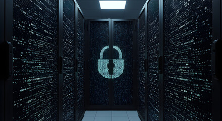 Cybersecurity: Data Center Server Room with Digital Lock Symbol