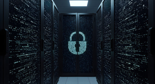 Cybersecurity: Data Center Server Room with Digital Lock Symbol