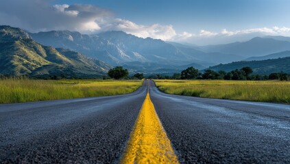 A scenic, sunlit highway stretches towards a majestic mountain range under a partly cloudy sky.  The road is wet, reflecting the light. Lush green fields flank the asphalt
