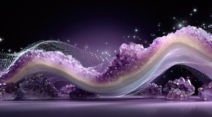 Purple amethyst crystals cascade in a flowing, wave-like form.  Abstract digital mesh overlays