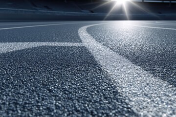 Close-up of a track's asphalt surface with white lines, bathed in sunlight