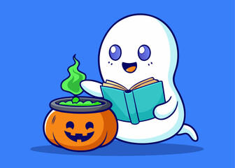 Cute ghost reading a book next to a halloween cauldron
