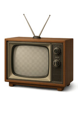 Old wooden television with rabbit ears antenna on transparent background