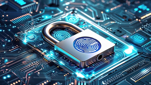 A digital padlock featuring a biometric fingerprint icon rests on a glowing blue circuit board, symbolizing cybersecurity and data protection.
