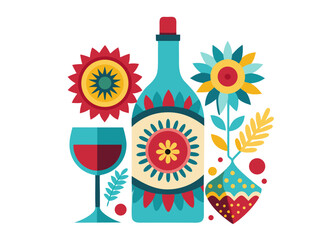 Festive wine bottle and flowers in a vibrant folk art style