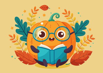 Cute cartoon pumpkin reading a book surrounded by autumn leaves