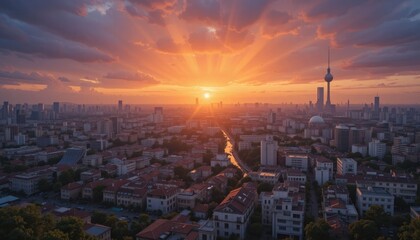 Bright Rainbow Sunset Above City Structures
