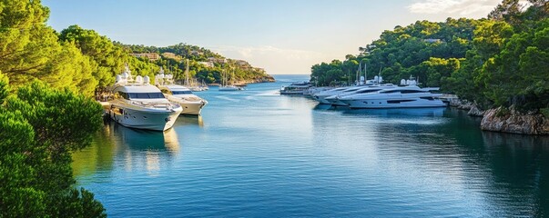Luxury yachts docked in a tranquil harbor near lush green trees
