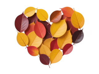 Autumn leaves arranged in a heart shape isolated on transparent background