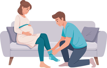 A caring man kneels to help a pregnant woman put on a blue sock while she rests on a sofa.