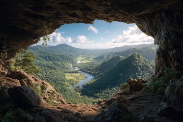 A cave opening frames a scenic valley vista; a meandering river cuts through lush green mountains under a bright, partly cloudy sky