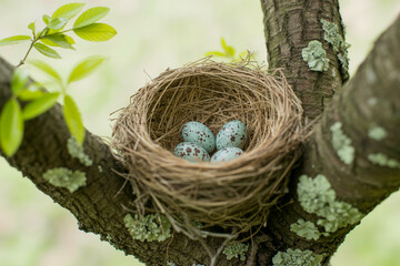 Nestled Bird’s Nest with Speckled Eggs on Mossy Branch (1)