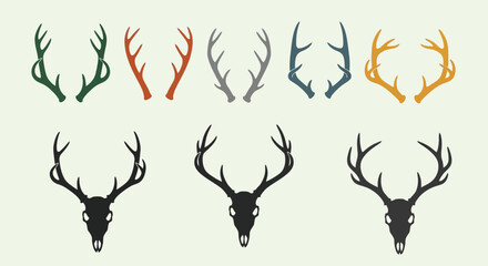 Flat Minimalist Deer Skull And Antler Set with Various Colors Icon