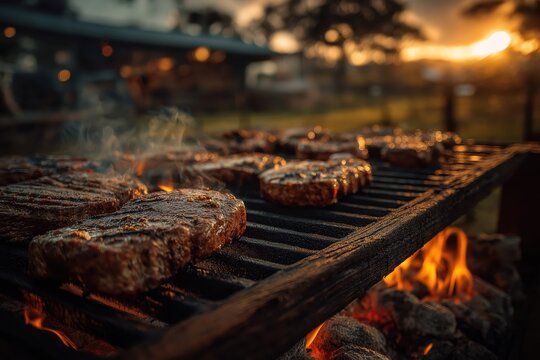 Argentine parrilla grill at sunset, sizzling beef brushed with chimichurri