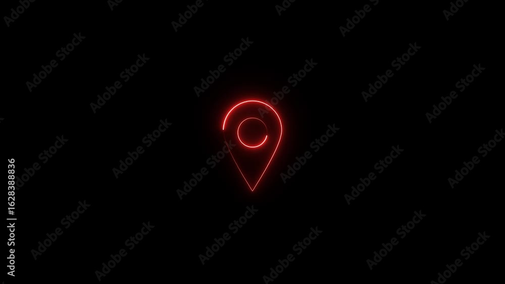 Poster glowing neon map pointer with icons on black background. map pin marker animation. home location pin