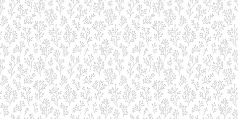 Vector floral seamless pattern. Botanical ornament with simple flower branches, twigs, leaves, seaweeds, corals. Minimal organic texture. Subtle grey elements on transparent background. Repeat design