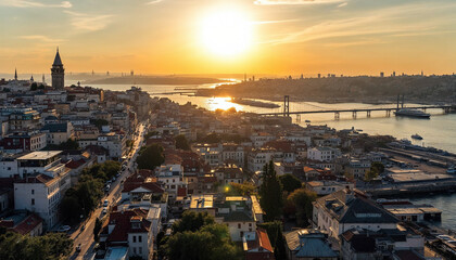 Fototapeta premium Aerial sunset view of Istanbul featuring Galata Tower, river, and bridge. 