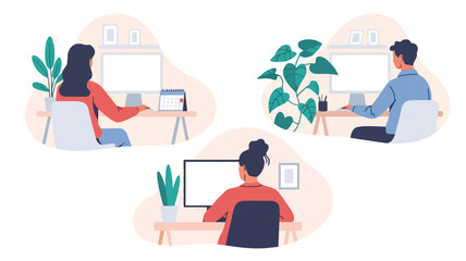 Stylized remote work scenes with diverse individuals at computer desks—plants, cozy decor, and casual focus embody modern digital routines