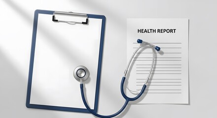 Top view of essential medical equipment on a clean white surface, featuring a blue stethoscope, a health report, and a blank clipboard for patient diagnosis and notes with copy space