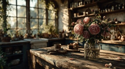 Naklejka premium Rustic kitchen with pink roses. Sunlight streams into a vintage-style kitchen, highlighting a bouquet of pink roses in a glass jar on a weathered wooden table
