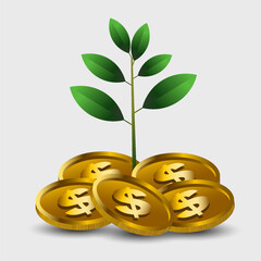Financial Growth Concept with Money Coins and Green Plant Symbolizing Investment, Profit, and Sustainability