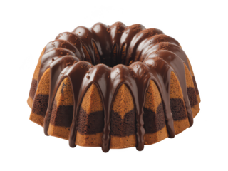 Decadent chocolate swirl bundt cake with rich chocolate glaze isolated on transparent background