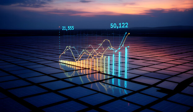 "Global surge in electricity prices amid rapid growth in green energy. Financial charts depict rising investments and stock market trends." - Powered by Adobe