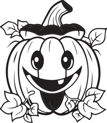 Happy jack o lantern pumpkin with leaves outline drawing