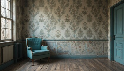 A distressed room with old wallpaper and a vintage teal chair