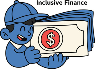 Happy person holding money with "Inclusive Finance" text