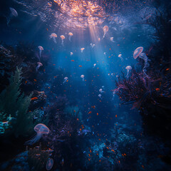 Fototapeta premium The Jellyfish Ballet: A magical underwater scene with sunlit jellyfish and small orange fish swimming gracefully above a coral reef.