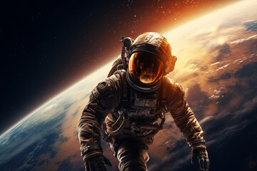 Astronaut explores the vastness of outer space with the sun shining brightly in the background