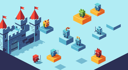 Isometric Pixel Art Low Poly Castle and Monsters Characters Illustration