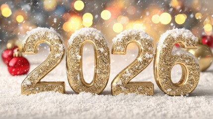 The new year 2026 is joyfully celebrated with glittering numbers adorned in snow, surrounded by festive lights and holiday decor, capturing the spirit of Christmas cheer