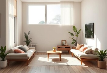 Fototapeta premium Sunlit minimalist apartment living room, calming neutrals, meditation corner, real estate, neutral