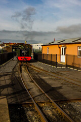Obraz premium The vintage steam train coming into the Vale of Rheidol station in Aberystwyth.
