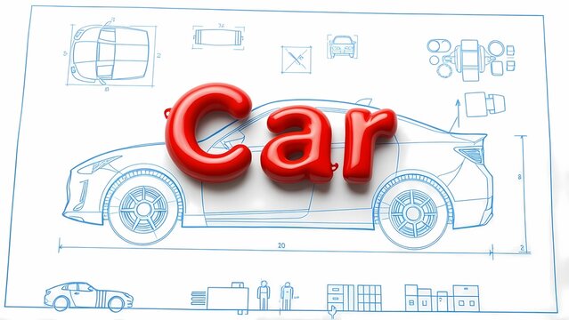 A blueprint of a car in a paper and a 3d red glossy text Car on it