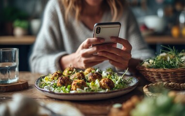 A woman is sitting at the table with her phone in hand, and there's an exotic salad in front of her. The dish contains chicken meatballs and lettuce, 