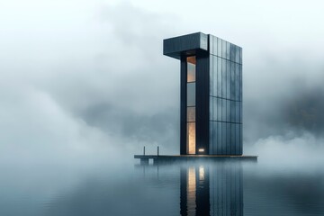 Obraz premium Futuristic sauna tower emerging from misty lake surface, reflective metal base, surrounded by fog