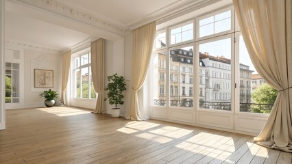 Bright apartment interior with large windows, soft curtains, and light wooden flooring 