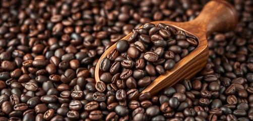 Obraz premium Dark roasted coffee beans piled high in an antique wooden scoop, roasted, ingredient