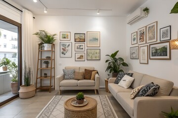Apartment interior with gallery wall art, neutral furniture, and indoor plant styling