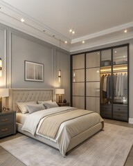 Chic apartment bedroom with soft lighting, custom wardrobe, and neutral bedding