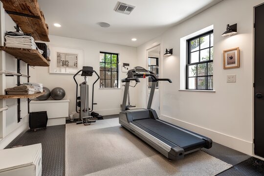 Bright, modern home gym with wooden shelving, treadmill, and elliptical
