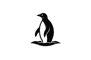 World animal day vector art of black silhouette of a penguin standing in wavy lines isolated