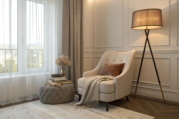 Elegant apartment reading corner with accent chair, floor lamp, and soft-toned decor 